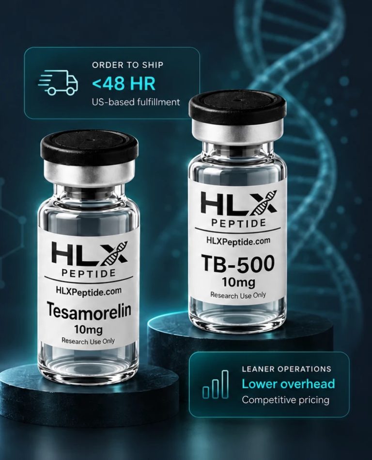 Tesamorelin 10mg and TB-500 10mg research vials from HLX Peptide, with callouts reading order to ship under 48 hours from US-based fulfilment, and leaner operations for lower overhead and competitive pricing.